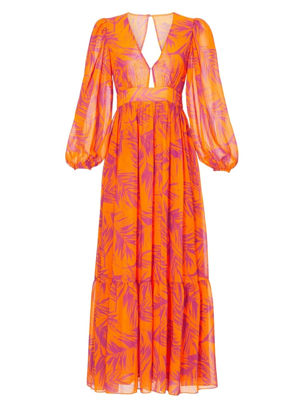 Orange and Pink Palm-Print Maxi Dress with Keyhole Detail